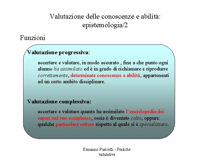 Valutazione delle conoscenze e abilità: epistemologia/2 Funzioni Valutazione progressiva: accertare e valutare, in modo