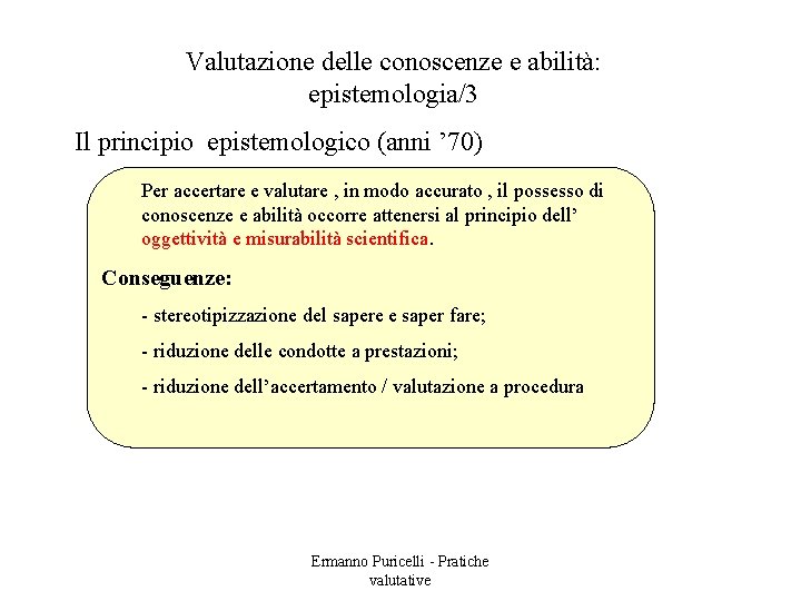 Valutazione delle conoscenze e abilità: epistemologia/3 Il principio epistemologico (anni ’ 70) Per accertare