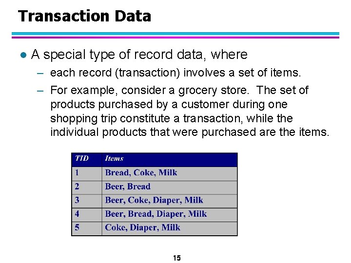 Transaction Data l A special type of record data, where – each record (transaction)