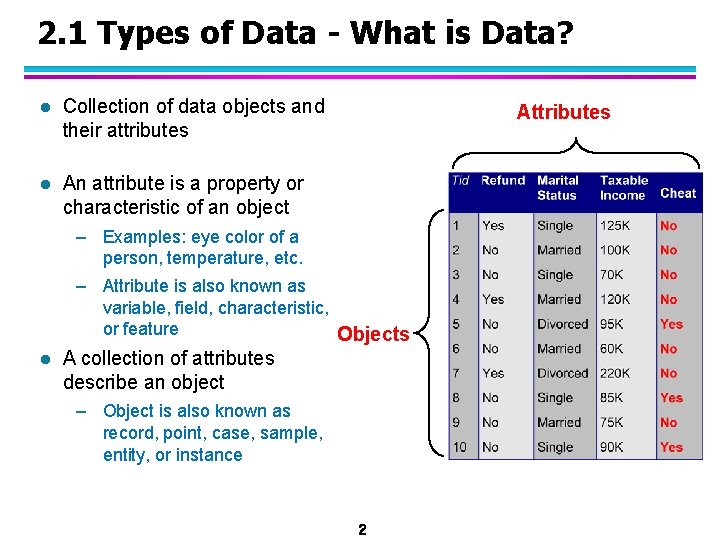 2. 1 Types of Data - What is Data? l Collection of data objects