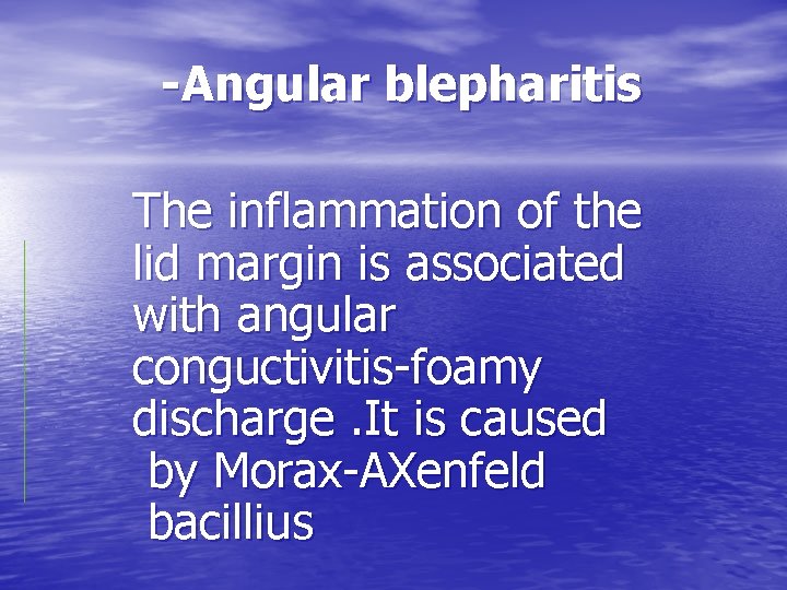 -Angular blepharitis The inflammation of the lid margin is associated with angular conguctivitis-foamy discharge.