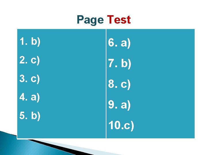 Page Test 1. b) 6. a) 2. c) 7. b) 3. c) 8. c)