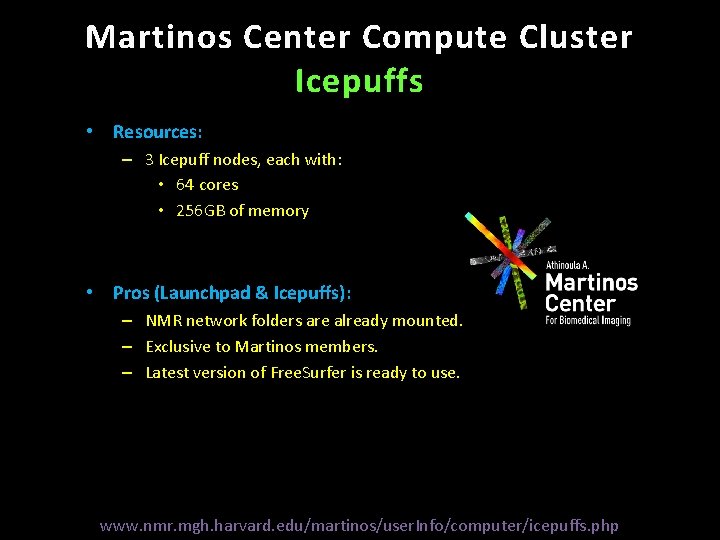 Martinos Center Compute Cluster Icepuffs • Resources: – 3 Icepuff nodes, each with: •