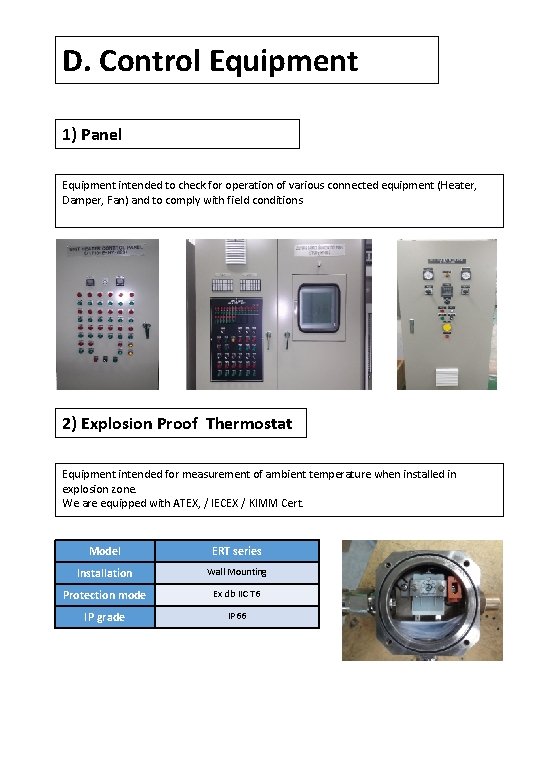 D. Control Equipment 1) Panel Equipment intended to check for operation of various connected