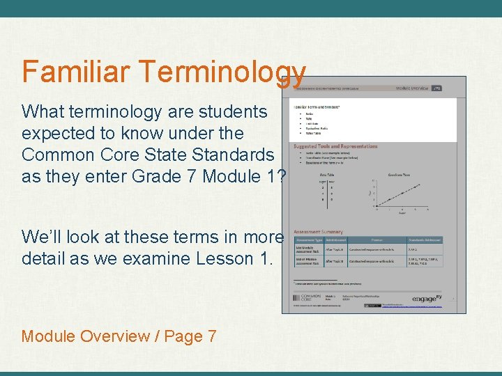 Familiar Terminology What terminology are students expected to know under the Common Core State