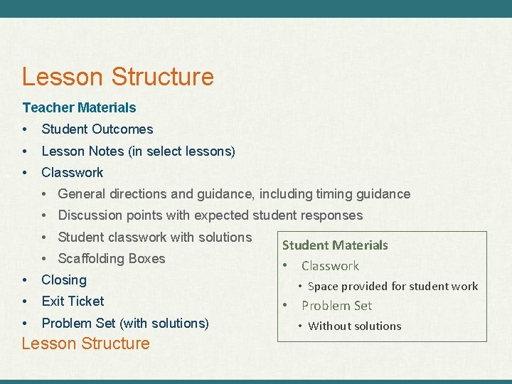 Lesson Structure Teacher Materials • Student Outcomes • Lesson Notes (in select lessons) •