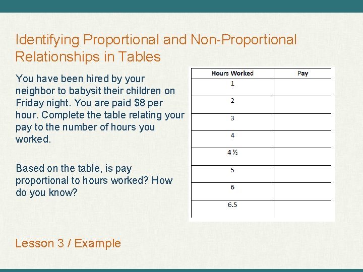 Identifying Proportional and Non-Proportional Relationships in Tables You have been hired by your neighbor