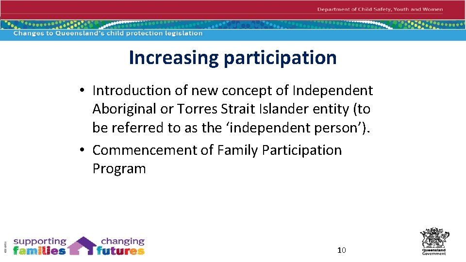 Increasing participation • Introduction of new concept of Independent Aboriginal or Torres Strait Islander