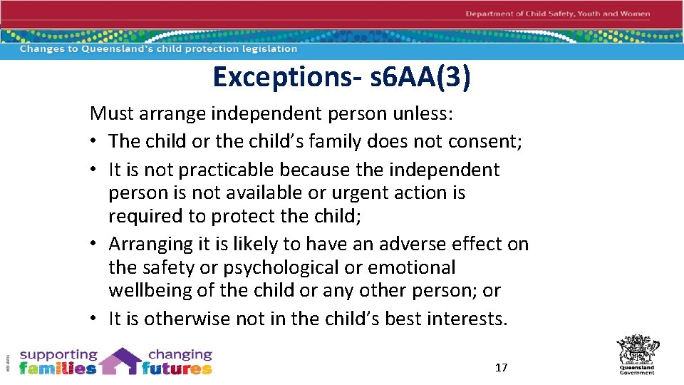 Exceptions- s 6 AA(3) Must arrange independent person unless: • The child or the