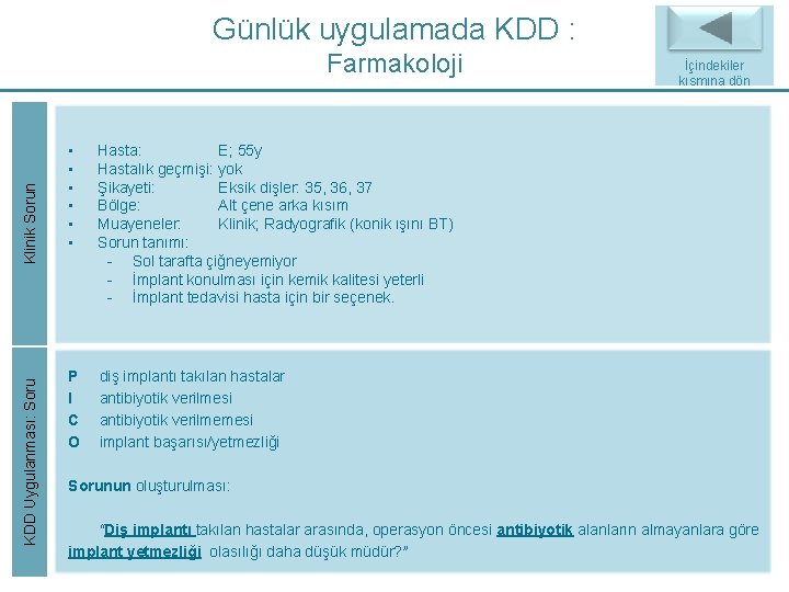 Günlük uygulamada KDD : KDD Uygulanması: Soru Klinik Sorun Farmakoloji • • • Hasta: Günlük uygulamada KDD : KDD Uygulanması: Soru Klinik Sorun Farmakoloji • • • Hasta: