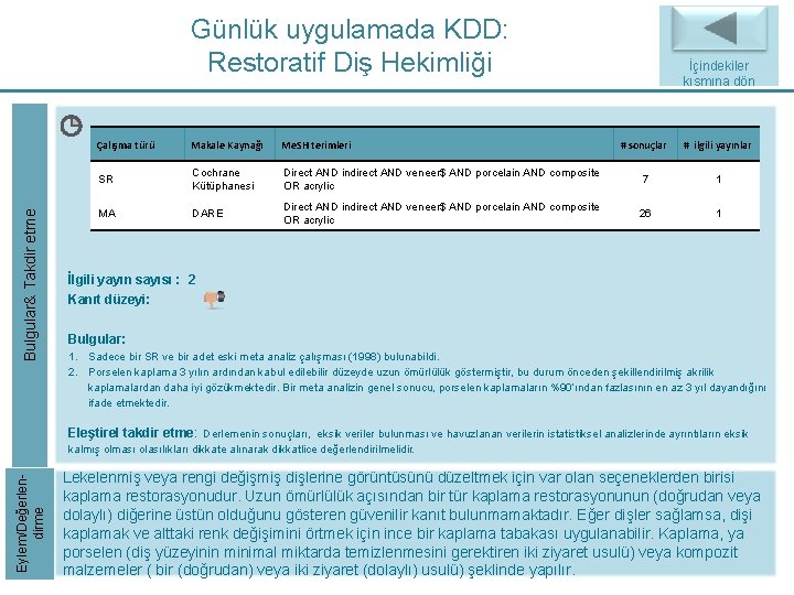 Bulgular& Takdir etme Günlük uygulamada KDD: Restoratif Diş Hekimliği Çalışma türü Makale Kaynağı Me. Bulgular& Takdir etme Günlük uygulamada KDD: Restoratif Diş Hekimliği Çalışma türü Makale Kaynağı Me.