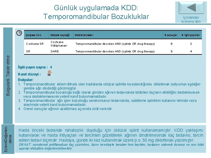 Eylem/Değerlendirme Bulgular& Takdir etme Günlük uygulamada KDD: Temporomandibular Bozukluklar Çalışma türü Makale Kaynağı Me. Eylem/Değerlendirme Bulgular& Takdir etme Günlük uygulamada KDD: Temporomandibular Bozukluklar Çalışma türü Makale Kaynağı Me.
