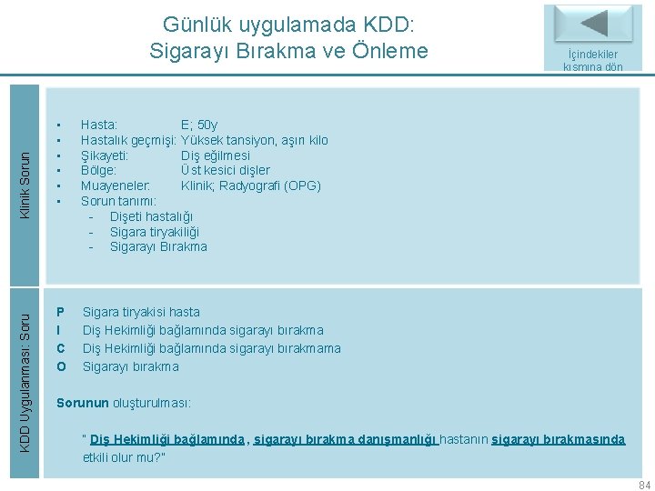 KDD Uygulanması: Soru Klinik Sorun Günlük uygulamada KDD: Sigarayı Bırakma ve Önleme • • KDD Uygulanması: Soru Klinik Sorun Günlük uygulamada KDD: Sigarayı Bırakma ve Önleme • •