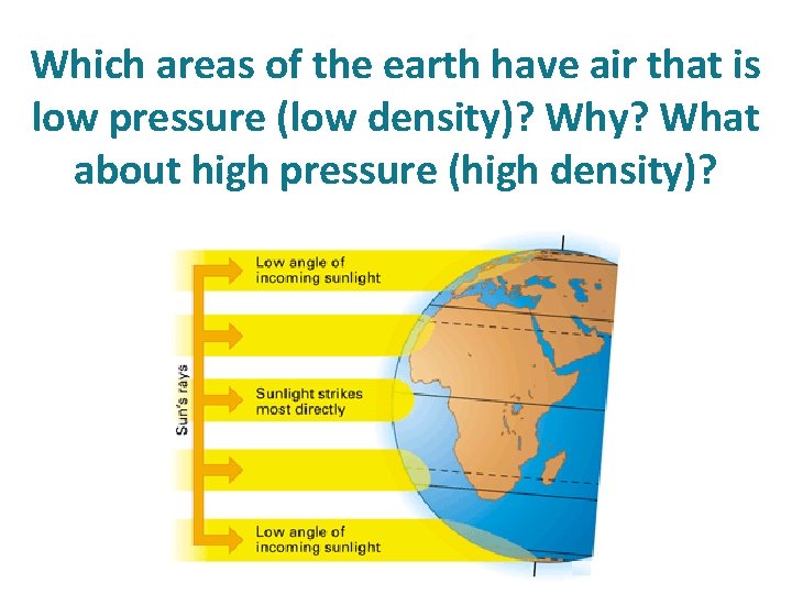 Which areas of the earth have air that is low pressure (low density)? Why? Which areas of the earth have air that is low pressure (low density)? Why?
