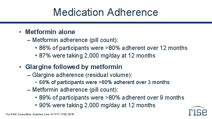 Medication Adherence • Metformin alone – Metformin adherence (pill count): • 86% of participants