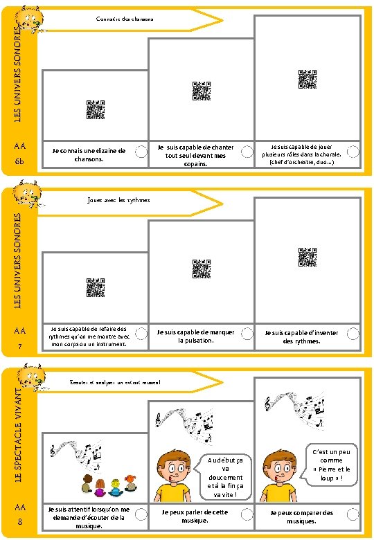 LES UNIVERS SONORES AA 6 b Connaitre des chansons Je connais une dizaine de