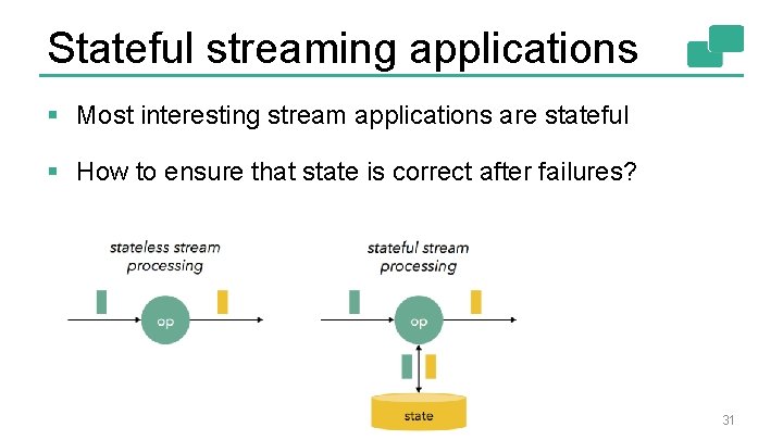 Stateful streaming applications § Most interesting stream applications are stateful § How to ensure