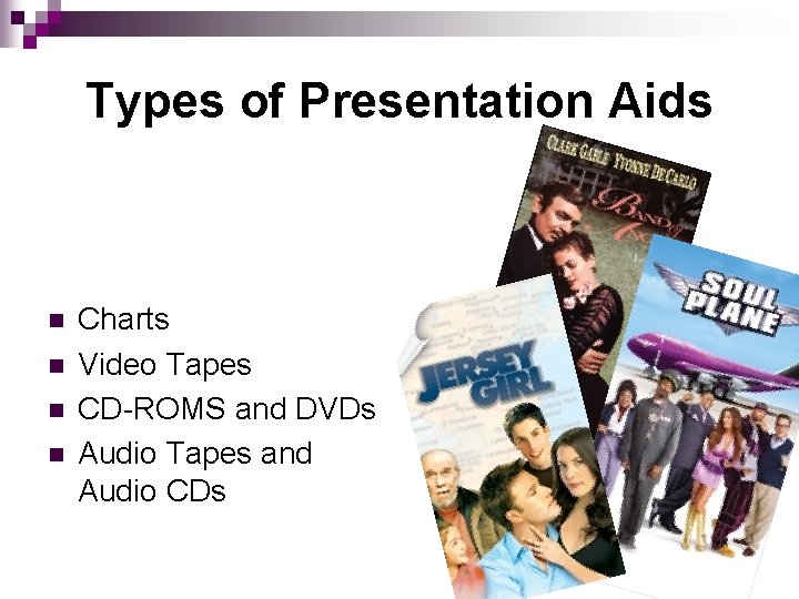 Types of Presentation Aids n n Charts Video Tapes CD-ROMS and DVDs Audio Tapes