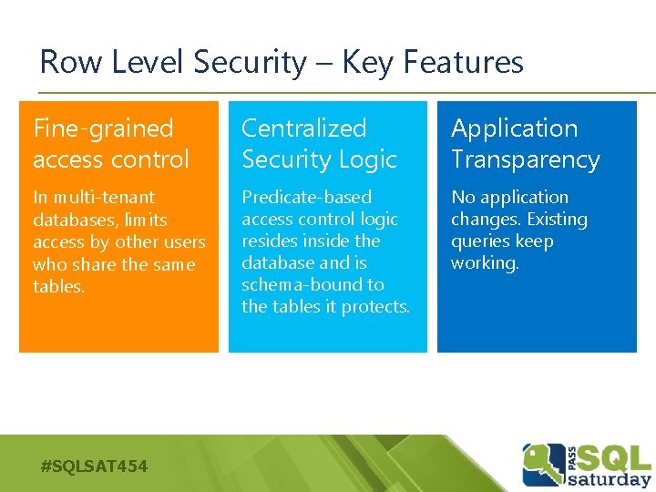 Row Level Security – Key Features Fine-grained access control Centralized Security Logic Application Transparency