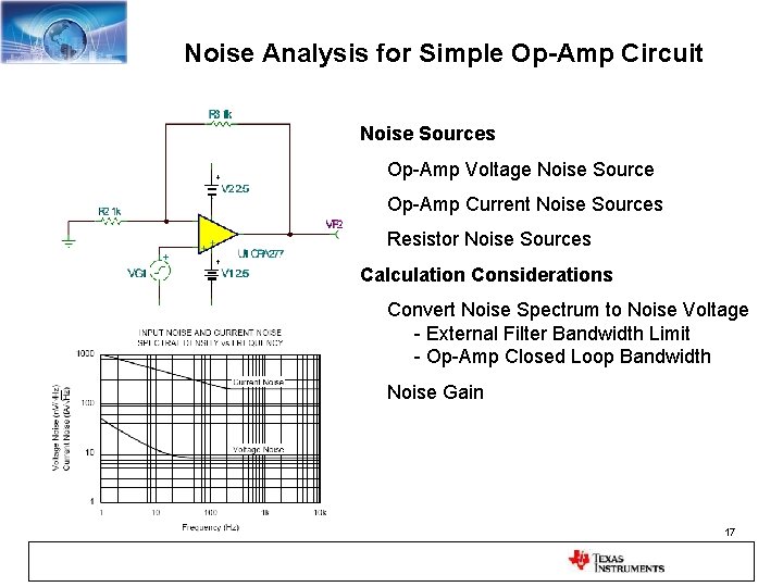 Noise Analysis for Simple Op-Amp Circuit Noise Sources Op-Amp Voltage Noise Source Op-Amp Current