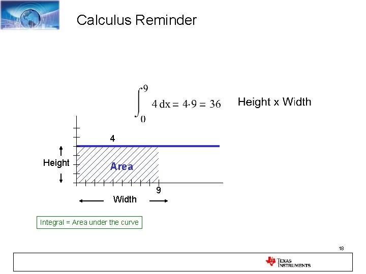 Calculus Reminder 4 Height Area Width 9 Integral = Area under the curve 18