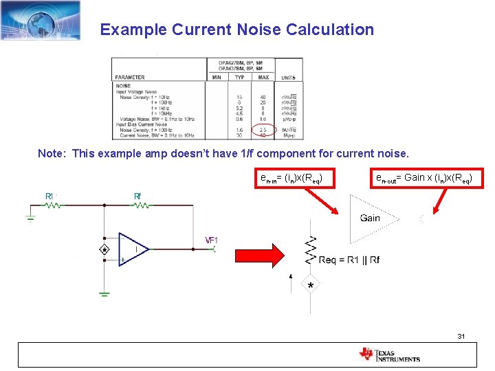 Example Current Noise Calculation Note: This example amp doesn’t have 1/f component for current