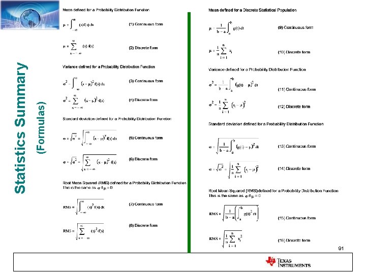 91 (Formulas) Statistics Summary 