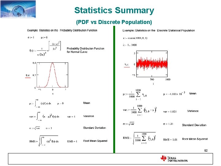 Statistics Summary (PDF vs Discrete Population) 92 