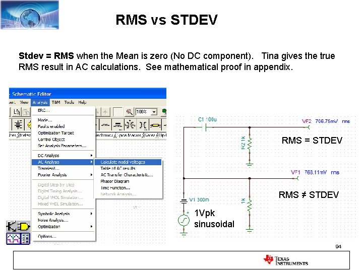 RMS vs STDEV Stdev = RMS when the Mean is zero (No DC component).