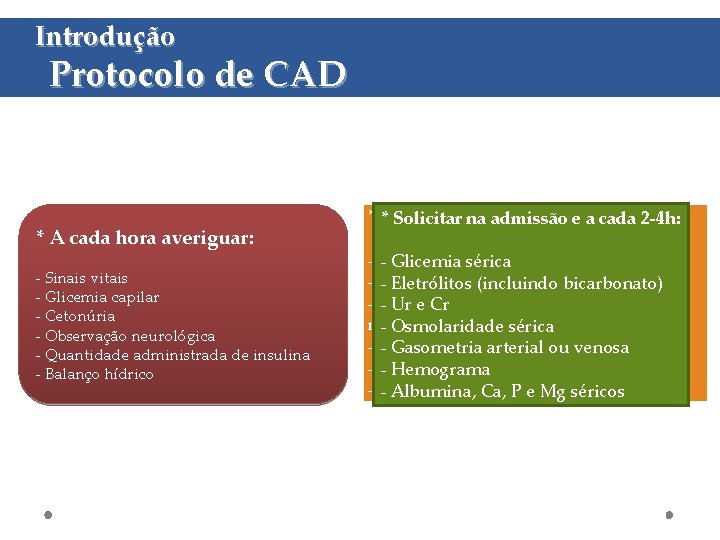 Introdução Protocolo de CAD * A cada hora averiguar: - Sinais vitais - Glicemia