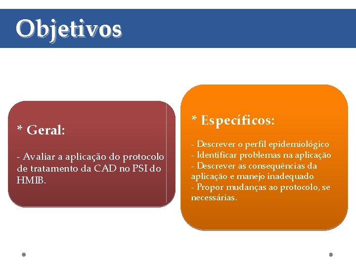 Objetivos * Geral: - Avaliar a aplicação do protocolo de tratamento da CAD no