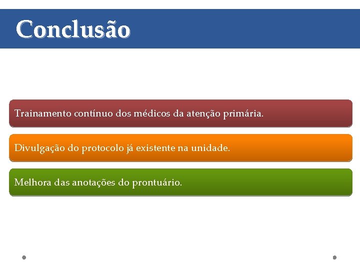 Conclusão Trainamento contínuo dos médicos da atenção primária. Divulgação do protocolo já existente na