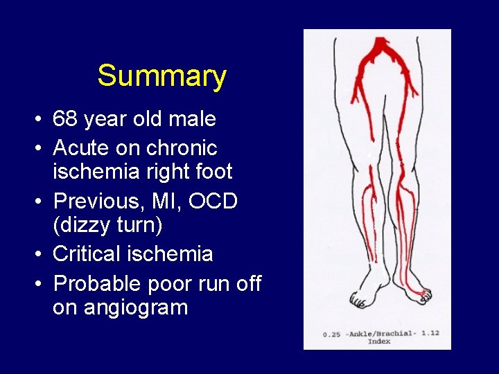 Summary • 68 year old male • Acute on chronic ischemia right foot •