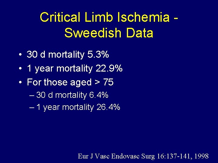 Critical Limb Ischemia Sweedish Data • 30 d mortality 5. 3% • 1 year