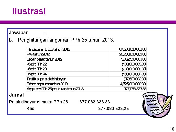 Ilustrasi Jawaban : b. Penghitungan angsuran PPh 25 tahun 2013. Jurnal Pajak dibayar di