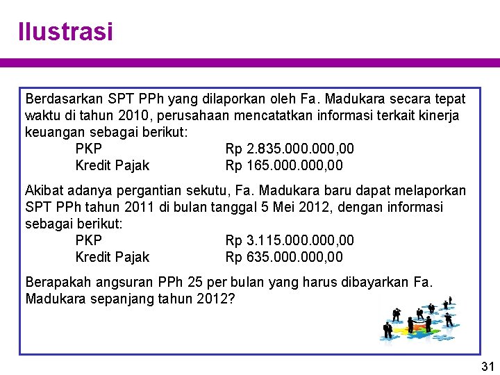 Ilustrasi Berdasarkan SPT PPh yang dilaporkan oleh Fa. Madukara secara tepat waktu di tahun