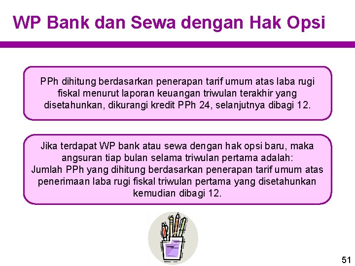 WP Bank dan Sewa dengan Hak Opsi PPh dihitung berdasarkan penerapan tarif umum atas