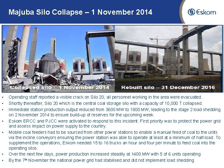 Majuba Silo Collapse – 1 November 2014 26 • • Operating staff reported a