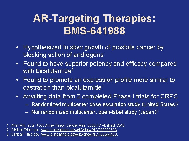 AR-Targeting Therapies: BMS-641988 • Hypothesized to slow growth of prostate cancer by blocking action