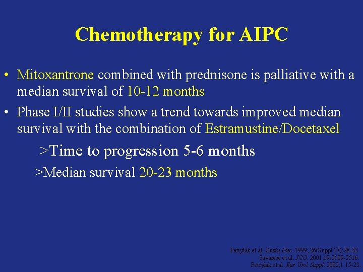 Chemotherapy for AIPC • Mitoxantrone combined with prednisone is palliative with a median survival