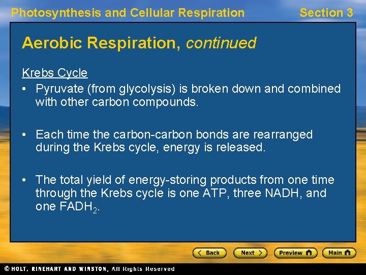 Photosynthesis and Cellular Respiration Section 3 Aerobic Respiration, continued Krebs Cycle • Pyruvate (from