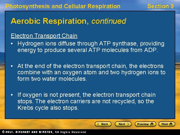 Photosynthesis and Cellular Respiration Section 3 Aerobic Respiration, continued Electron Transport Chain • Hydrogen