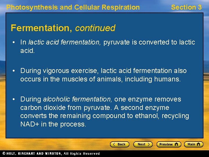 Photosynthesis and Cellular Respiration Section 3 Fermentation, continued • In lactic acid fermentation, pyruvate