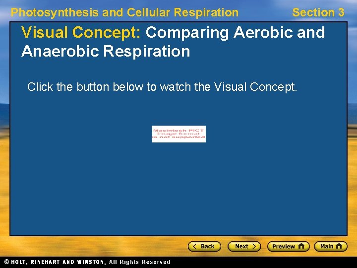 Photosynthesis and Cellular Respiration Section 3 Visual Concept: Comparing Aerobic and Anaerobic Respiration Click