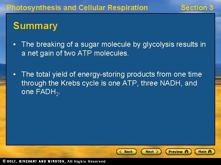 Photosynthesis and Cellular Respiration Section 3 Summary • The breaking of a sugar molecule