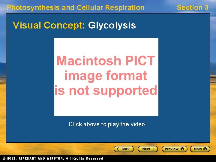 Photosynthesis and Cellular Respiration Visual Concept: Glycolysis Click above to play the video. Section