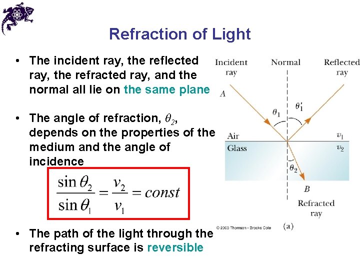 Refraction of Light • The incident ray, the reflected ray, the refracted ray, and
