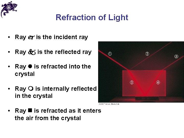 Refraction of Light • Ray is the incident ray • Ray is the reflected