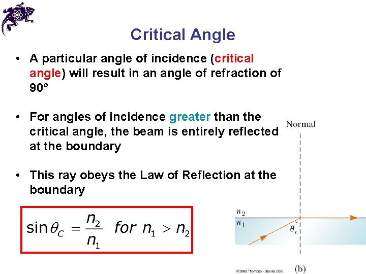 Critical Angle • A particular angle of incidence (critical angle) will result in an