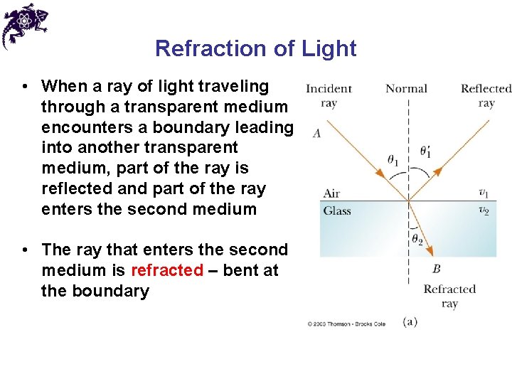 Refraction of Light • When a ray of light traveling through a transparent medium